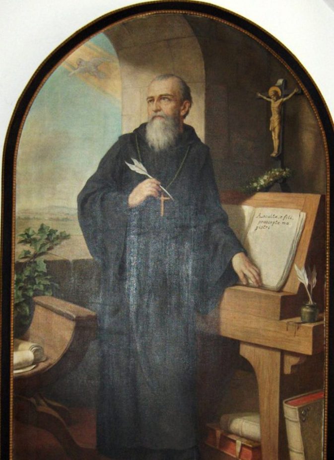 St. Benedict of Nursia writing the Benedictine rule, portrait in the church of Heiligenkreuz Abbey near Baden bei Wien, Lower Austria. Portrait (1926) by Herman Nieg (1849-1928)